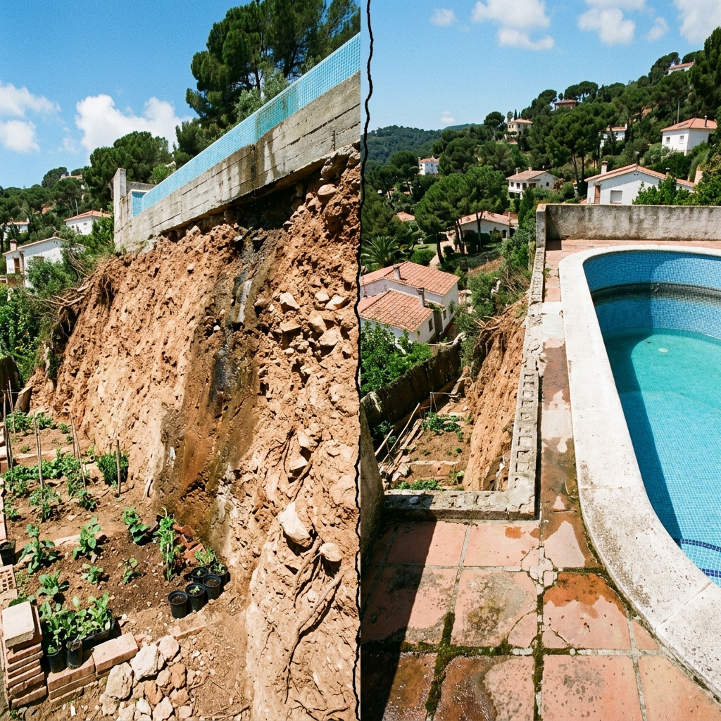 Vista compuesta de un talud inestable con piscina en coronación y excavación al pie
